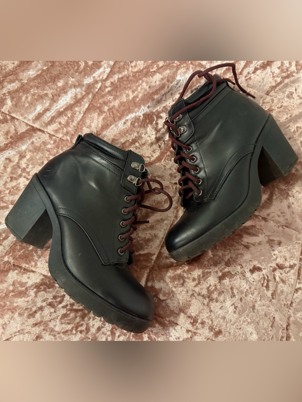 Soda Black Lace-Up Block Heel Ankle Boots with Brown Laces